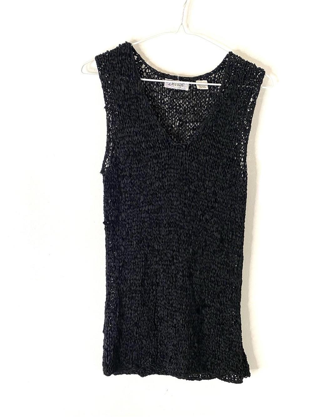 Vintage 90s Black 100% Silk Ribbon Knit Open Weave Tunic Top Betsys